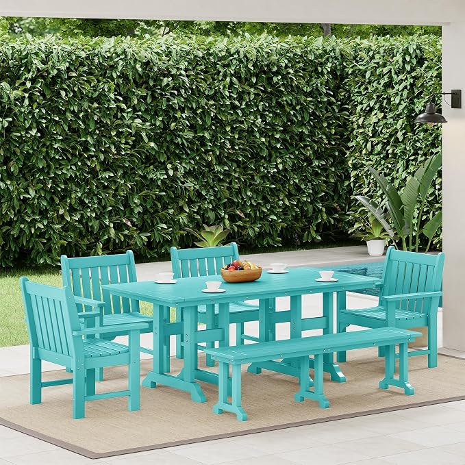Costaelm Rectangle Outdoor Dining Tables, 71'' Patio Table with Umbrella Hole for 6 Person, Balcony Outdoor Buffet Table, Porch Tables for Outside Lawn Porch Bistro Furniture, Turquoise