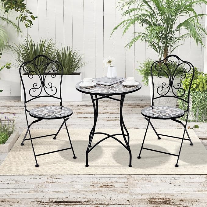 Giantex 24 Inch Patio Bistro Table, Mosaic Round Table w/Ceramic Tile Tabletop, Heavy-Duty Metal Structure, Outdoor Dining Table for Backyard, Garden, Porch (Black (Star Pattern))