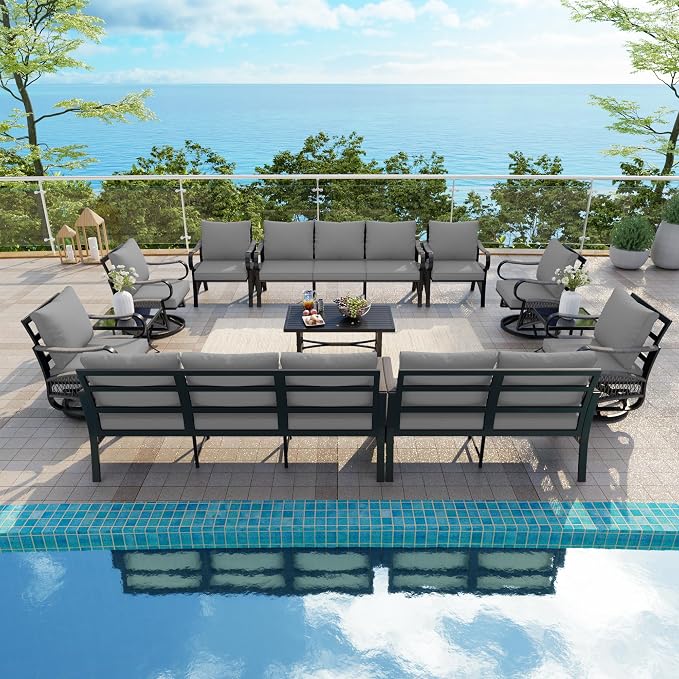 12 Pieces Patio Conversation Sets, All-Weather Metal Swivel Rocking Chairs with Rope Furniture Set, Outdoor Sofa Couch for Deck, Porch, Garden, Backyard, Poolside (Gray Cushions)