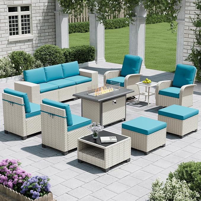 12-Piece Outdoor Patio Furniture Set with Fire Pit, Modular Sectional Sofa Set with Swivel Rocker Chairs & Ottomans, Wicker Outdoor Couch Conversation Sets w/Coffee Table and Cushions, Cyan