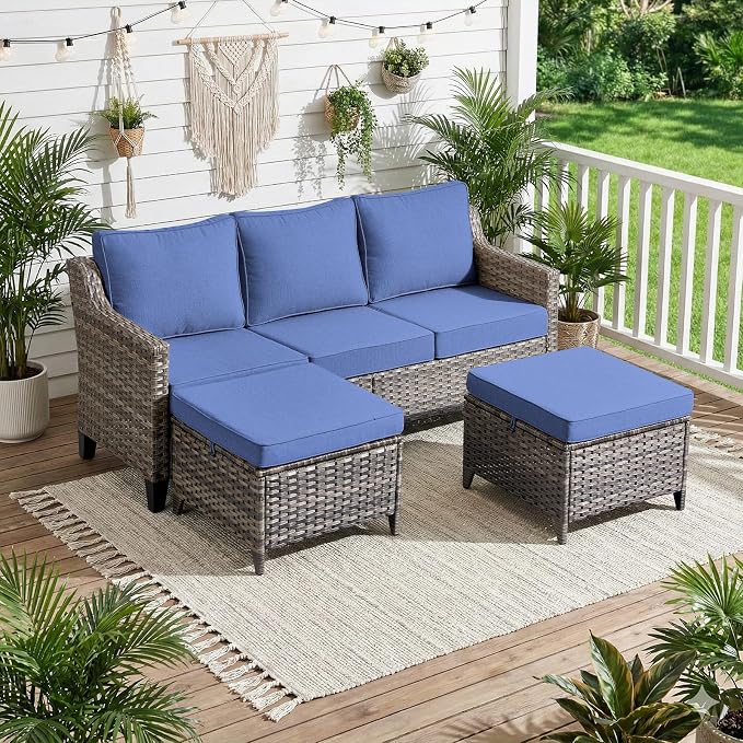 Luxury Patio Furniture Sofa Set - 3 Pieces All Weather Wicker Outdoor Couch and High Back Patio Sofa with 2 footstools for Deck Yard and Poolside Gray Wicker | Blue Cushions