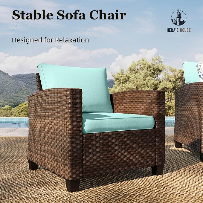 HERA'S HOUSE Patio Furniture Set with Fire Pit, 6 Pieces Outdoor Wicker Furniture, All Weather Patio Conversation Sets with Thick Cushions for Lawn Backyard, Brown/Blue