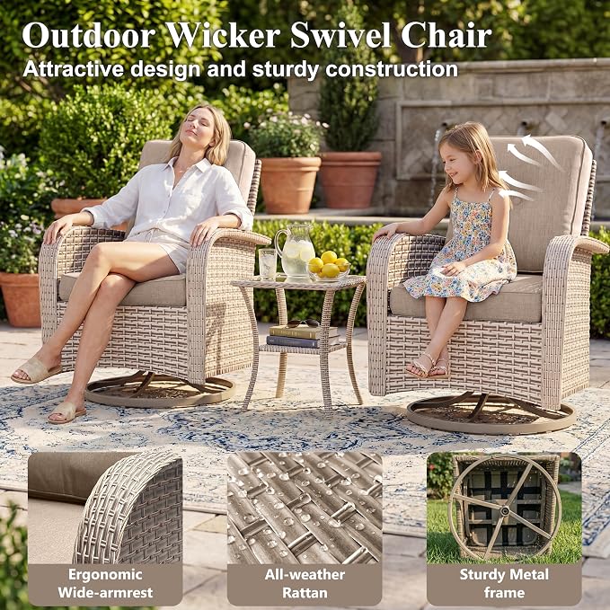 Patio Furniture Set, 11-Piece Outdoor Sectional Sofa with Swivel Rocker Chairs & Fire Pit Table, Wicker Patio Conversation Set with Coffee Table, Khaki Cushions
