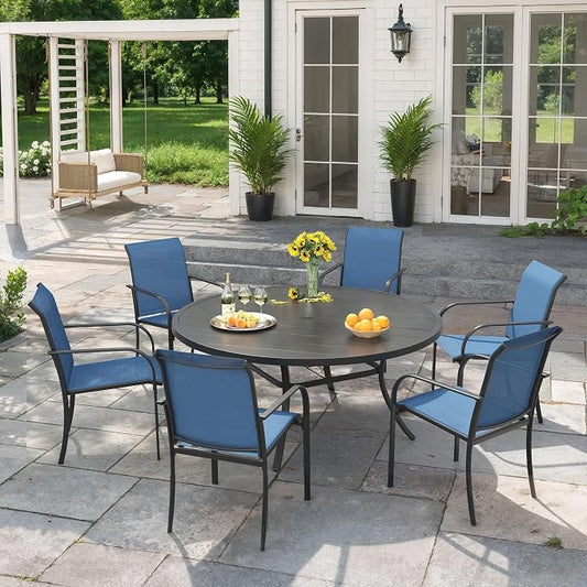 VICLLAX 7 Pieces Patio Outdoor Dining Set, 50" Round Metal Table with Umbrella Hole and 6 Stackable Textilene Chairs for Lawn, Garden, Porch, Black/Dark Blue
