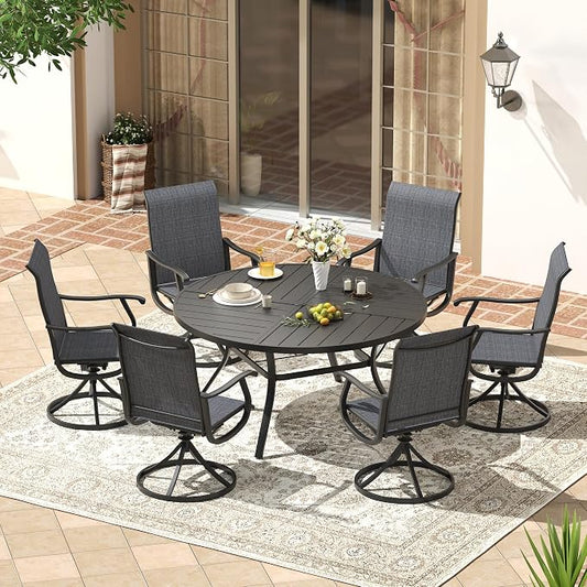 VICLLAX Patio 7 Pieces Outdoor Dining Set, 53" Round Metal Table with Umbrella Hole and 6 Swivel Textilene Chairs for Lawn, Garden, Porch, Black/Dark Grey