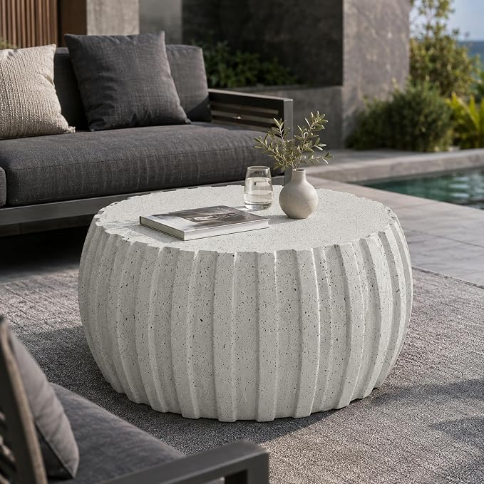 35.43" Round Outdoor Coffee Table - Waterproof MgO Cement Design, Durable Concrete Coffee Table for Patio, Garden, Living Room