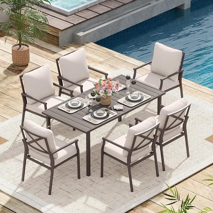 HAPPATIO Patio Dining Set, Metal Outdoor Table and Chairs Set for 6, Powder-Coated Metal Chairs with Thickened Cushions, 60" Rectangular Table with 1.5" Umbrella Hole for Deck Backyard Lawn