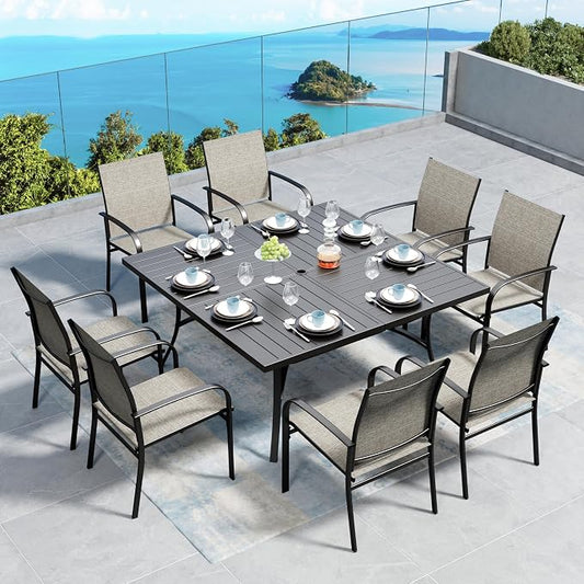 SUNSHINE VALLEY Patio Dining Set for 8, 57.5" x 57.5" Square Metal Table with Umbrella Hole, 8 x Stable Brown Dining Chairs, Outdoor Table and Chairs Set for Lawn Backyard and Deck