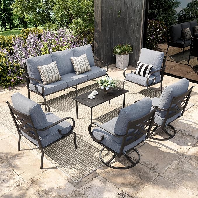 Sophia & William Patio Conversation Set for 7, 3-Seater Sofa, 2 Fixed Chairs, 2 Swivel Chairs and a Coffee Table, Metal Outdoor Furniture with 5.75" Extra Thick Cushions, Grey