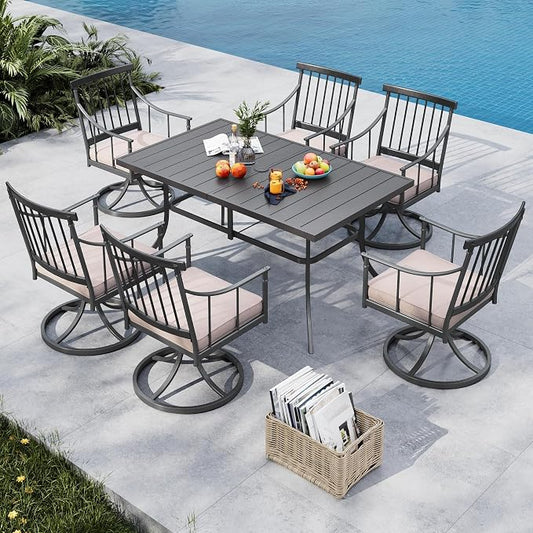 MFSTUDIO 7-Piece Patio Dining Set, Swivel Metal Chairs, Umbrella Hole | 59" Rectangular Metal Table, Black, Removable Cushions
