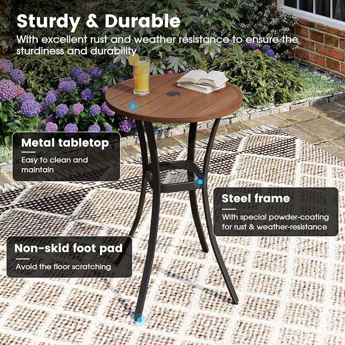 DIFY Patio Bar Height Table, Walnut 28" Round Outdoor Pub Table with 1.57" Umbrella Hole for Bistro, Garden, Poolside and Balcony