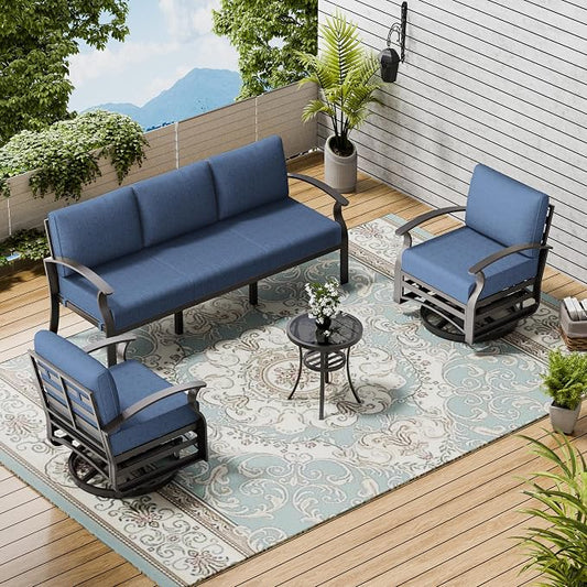 Patio Furniture Set 3-Piece Aluminum Armrest Sofa,All-Weather Patio Conversation Set with Tempered Glass Top Table & Removable Sponge Cushions for Backyard Poolside - Blue