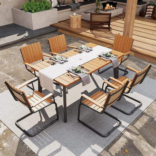 7 Piece Outdoor Conversation Set for 6, HDPE Patio Seating Set with Table and Chairs, All-Weather Outdoor Lounge Furniture with Umbrella Hole for Garden, Porch, Poolside, Gray & Teak