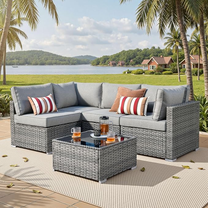 ovios Outdoor 5 Piece Coversation Set with Coffee Table,Sectional Patio Furniture Set with All-Weather Wicker Sofa,Modern Outside Couch for Balcony Backyard Pool, Dark Grey