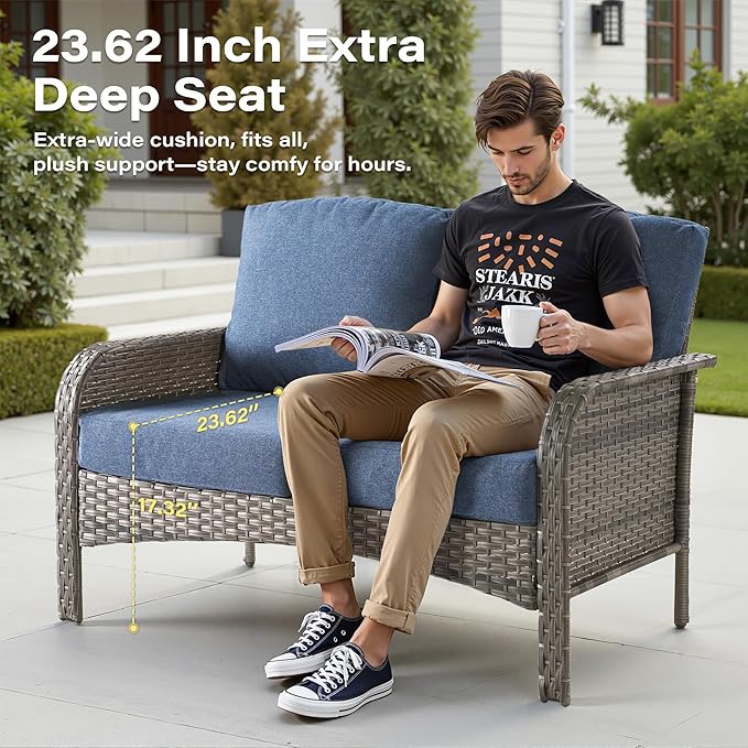 8 Pieces Patio Conversation Sets,Patio Furniture Set with Swivel Rocking Chairs,Coffee Table, Side Table, All Weather Rattan Wicker Outdoor Sectional Furniture Set for Porch Balcony Backyard Blue