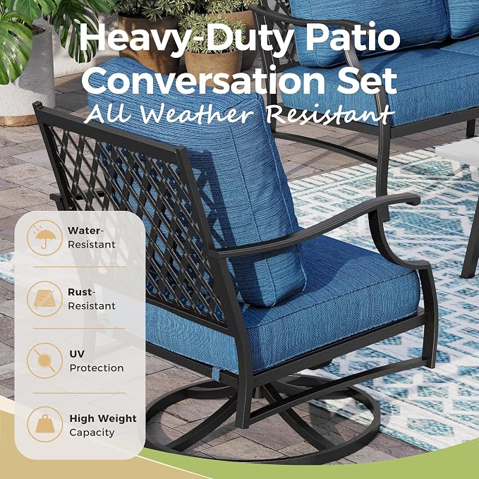 MIXPATIO Patio Furniture Set, 4 Pcs Metal Outdoor Conversation Set, 2 Swivel Chairs and 3 Seater Sofa with 5.75" Extra Thick Cushion and Gas Fire Pit Table for Backyard Deck, Gemstone Blue