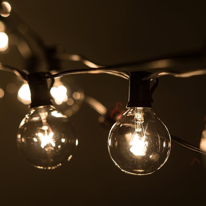G50 Clear 2 Inch Light Bulbs with C7 Stringer 18 Gauge (Black Wire, 25')