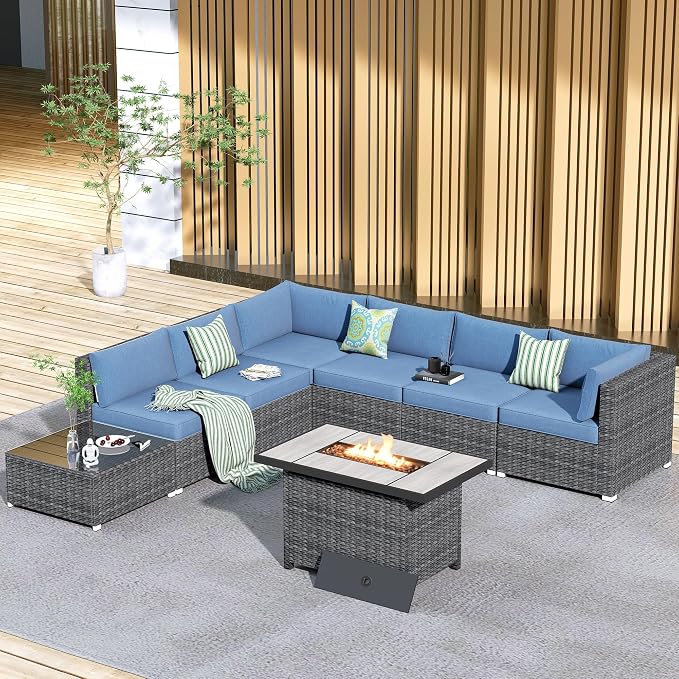 HOOOWOOO 8 Piece Patio Sectional Furniture Set with Fire Pit Table,Modern Wicker Outdoor Conversation Sofa Sets,Weather Resistant Modular L Shaped Outside Couch Set(Denime Blue)