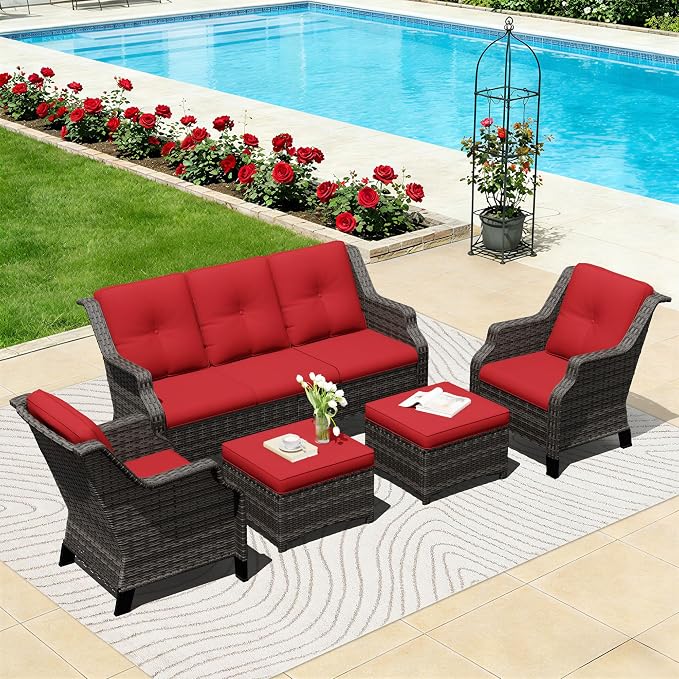 Outdoor Patio Furniture Set, 5 Piece Wicker Patio Furniture with Thick Cushions, Curved Armrest, Deep Seating, Rattan Outdoor Chairs for Porch, Deck, Balcony