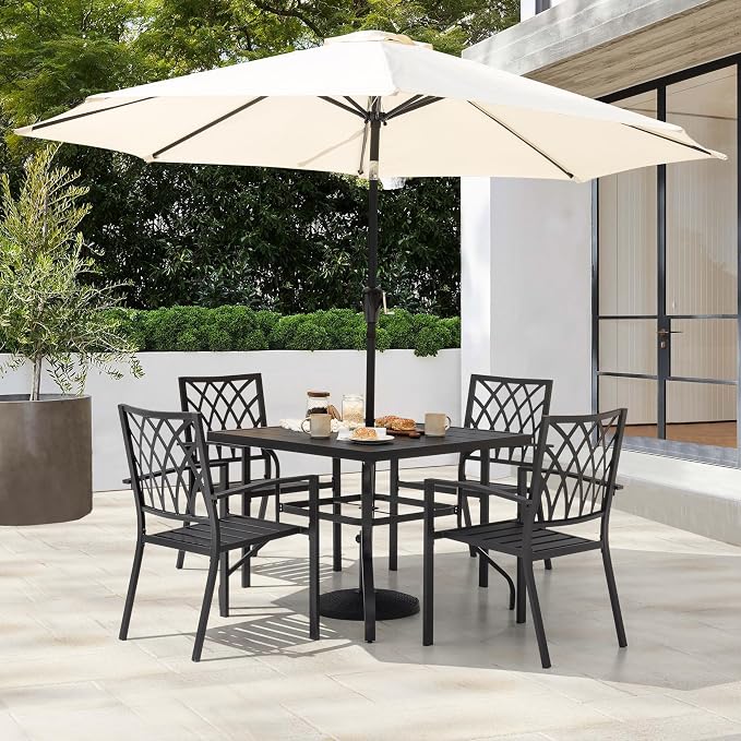NUU GARDEN 5 Piece Outdoor Dining Set, Metal Patio Dining Chairs Stackable and Square Dining Table with Umbrella Hole for Backyard, Deck, Yard, Garden, Black