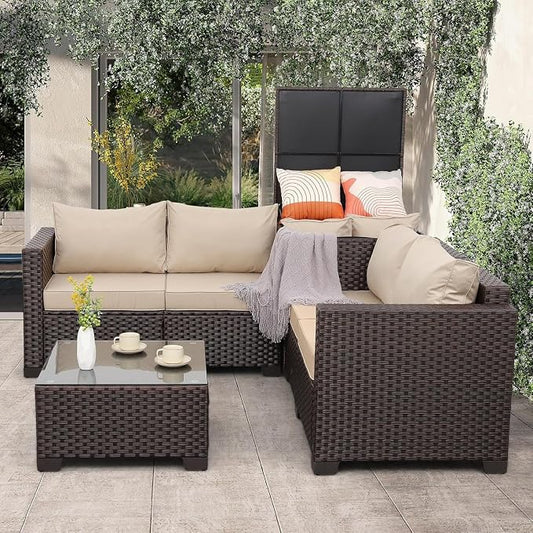 4-Piece Outdoor Patio Furniture Set with Dark Brown PE Wicker Rattan Sectional Loveseat Couch, Conversation Sofa with Storage Box, Glass Top Table, and Non-Slip Grey Cushions for Backyard Garden Loung