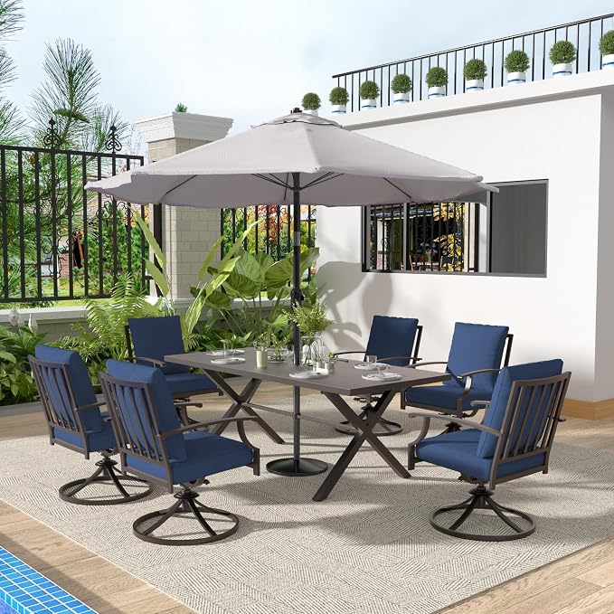 Gotland 7 Piece Outdoor Dining Set, Metal Outdoor Table and Swivel Chairs with X-Shaped Legs 1.5" Umbrella Hole, Patio Furniture Set with Waterproof Cushions, Patio Dining Sets for Backyard Deck Navy