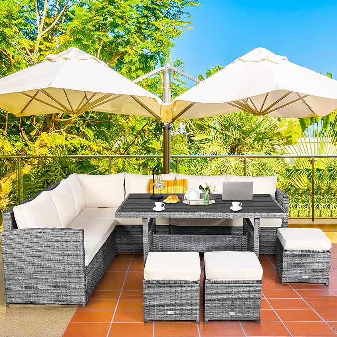 Tangkula 7 Pieces Patio Furniture Set, Outdoor Sectional Rattan Sofa Set with Cushions, All Weather Wicker Conversation Couch Set w/Dining Table & Ottomans for Backyard Garden Poolside (White)