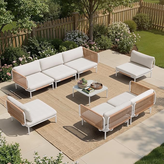 7 Piece Modern Outdoor Sectional Sofa, 31" Oversized Patio Furniture Set with Olefin Woven Rope, Weather-Resistant Metal Frame and Removable Cushion, Beige