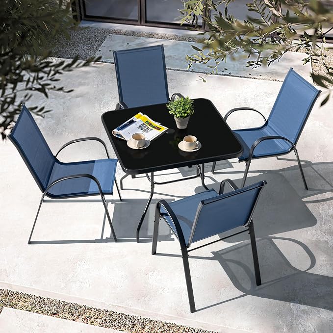 NUU GARDEN 5-Piece Patio Dining Set, Square Metal Table & Stackable Chairs | 31.5-inch square bistro table with built-in umbrella hole. 4 stackable lawn chairs with black and blue design