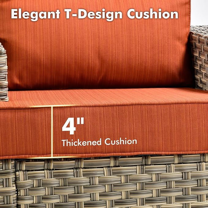 Weaxty 8 Pieces Outdoor Furniture Set, Patio Sectional Sofa Wide Seats Couch Chair with Ottoman Solar Table, Thick Cushion All-Weather Rattan Patio Conversation Sets for Backyard Porch Deck, Orange