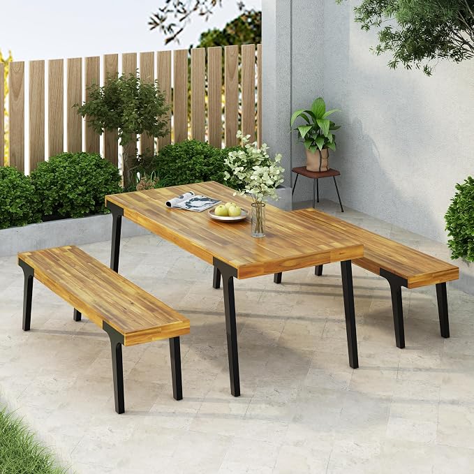 69'' Outdoor Patio Dining Table & 2 Bench for 4, Acacia Wood Farmhouse Dining Table Set Outdoor & Indoor Furniture for Patio Porch Garden, 3-Pcs, Light Teak