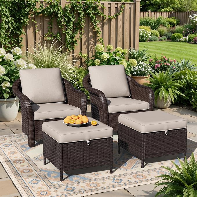 4 Piece Patio Wicker Conversation Set, 2 All-Weather Use Outdoor Wicker Chairs with 2 PE Rattan Ottomans,Ideal for Porch, Backyard, Balcony, Poolside, Beige