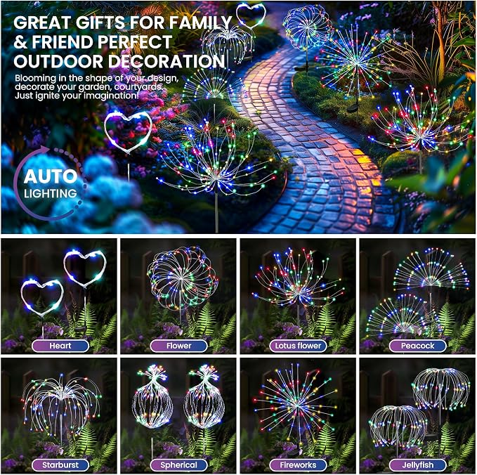 PEVOROS Solar Firework Fairy Garden Lights Outdoor, Colorful, 8 Pack | 120 LEDs, Waterproof, Fairy Garden Decor, Auto On/Off, Solar Powered, for Yard, Patio, Porch, Flower Pot, Pathway