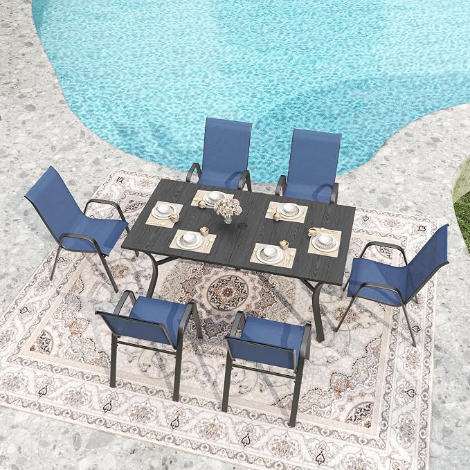 KEIKI 7-Piece Outdoor Patio Dining Set, Waterproof Patio Table and Chairs for 6, 63" x 38" Rectangular Metal Table with Umbrella Hole for Lawn Garden Backyard, Black+Navy Blue