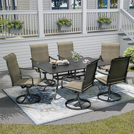 7-Piece Outdoor Dining Set with Umbrella Hole,63"x 38" Patio Table and Swivel Chairs Set for 6,Modern Garden Dining Set for Poolside Seaside Backyard
