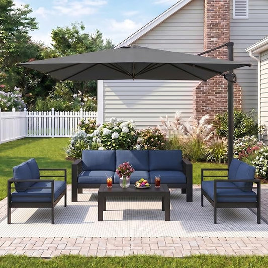 Wisteria Lane 5 Pieces Aluminum Patio Furniture Set with Umbrella, All Weather Oversized Outdoor Furniture Set with Deep Seat and Back Cushion, Patio Conversation Sets with Wide armrest, Blue & Gray