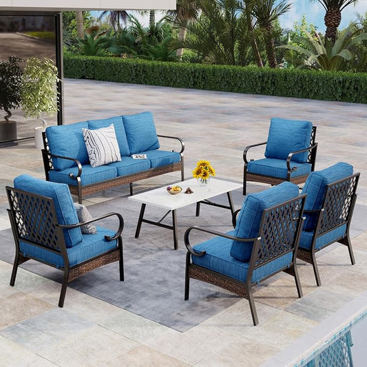 MIXPATIO Patio Furniture Set with Coffee Table, Outdoor Conversation Set with 4 x Fixed Chairs, 1 x 3-Seat Sofa for Lawn Garden Backyard, Pacific Blue