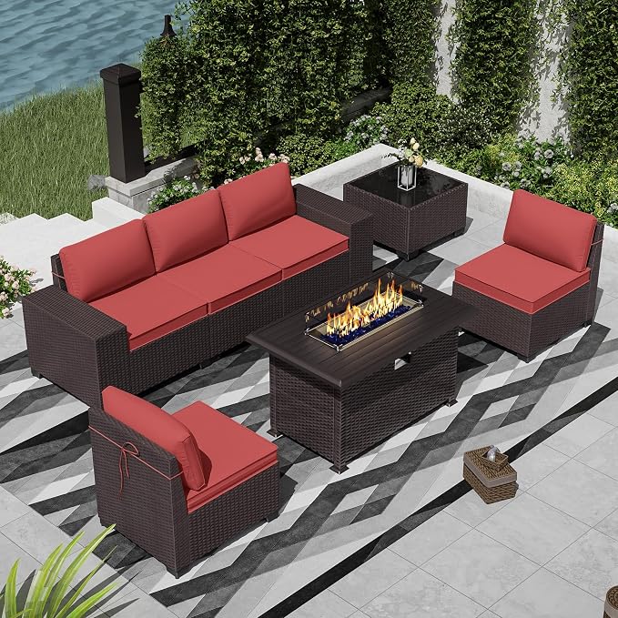 7 PCS Outdoor Patio Furniture Set,Outdoor Sectional Furniture with 43" 55000 BTU Gas Propane Fire Pit Table,All Weather PE Rattan Wicker Patio Conversation Set,Red