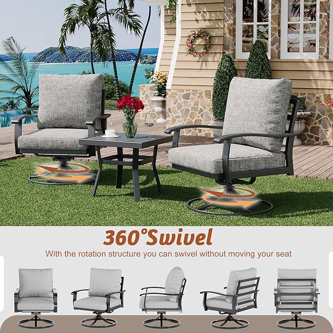 HOMREST Outdoor Swivel Rocker Patio Chairs with Coffee Table 3 PCS Bistro Set, 360 Degree Swivel Rocking Chair Patio Conversation Set with Thickened Cushions for Garden, Deck and Poolside