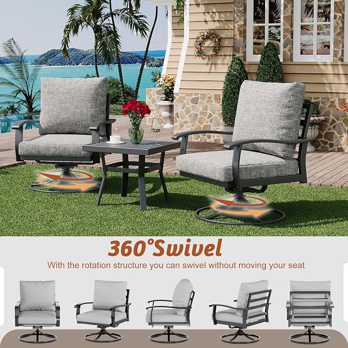 HOMREST Outdoor Furniture Thickened Cushion 360 Degree Swivel Rocking Patio Chairs with Ottomans and 3-Seat Sofa, Loveseat, Coffee Side Table, 8 PCS Metal Conversation Set for Garden, Deck, Poolside