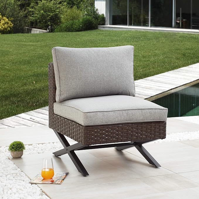 LOKATSE HOME Patio Sofa Rattan Armless Chair X Shape Leg Metal Frame Outdoor Wicker Furniture with Cushions for Garden Backyard Pool, Brown