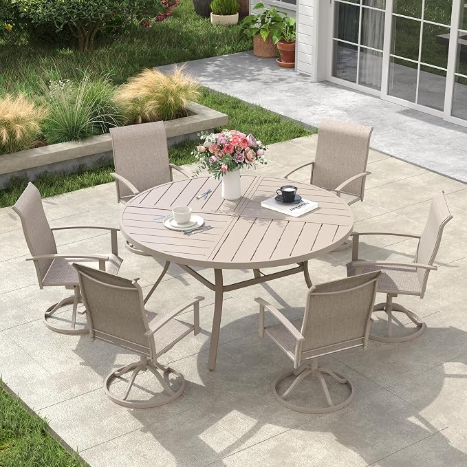 VICLLAX 53" Round Outdoor Table, Patio Dining Table for 8 with Umbrella Hole for Garden Lawn Deck Backyard, Sandshell