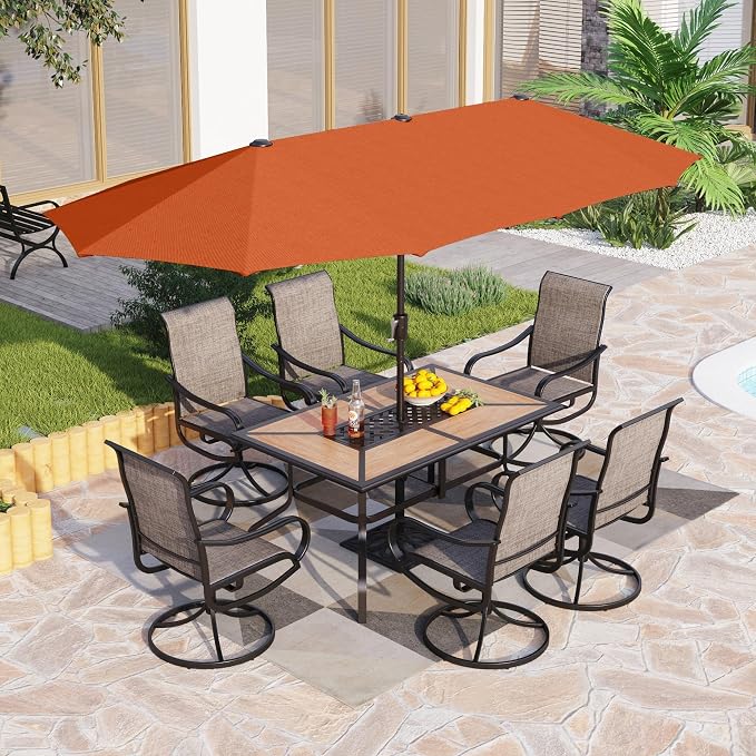 PHI VILLA 8 Pc Outdoor Dining Set with 13ft Umbrella, Swivel Mesh Chairs | 60'' wood-look rectangular table, 6 brown patio textilene chairs and 13ft orange red umbrella(NO BASE) for deck, garden, yard