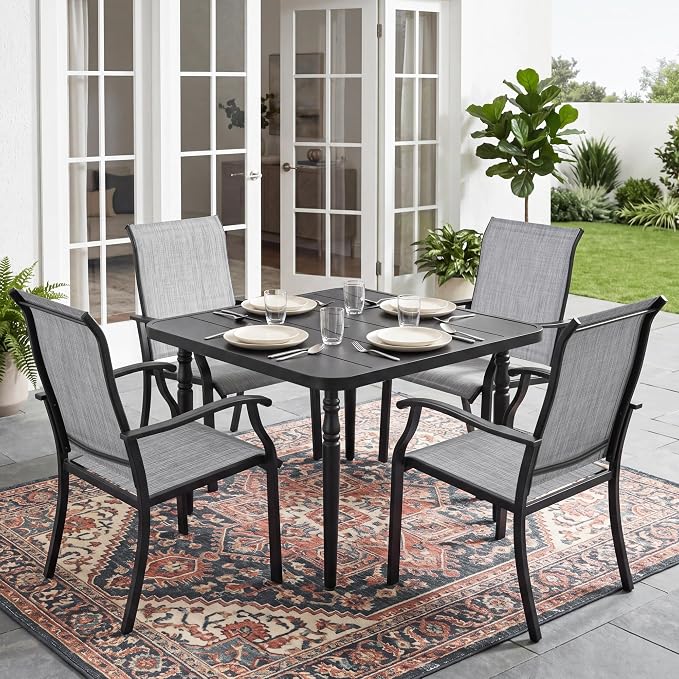 NUU GARDEN 5-Piece Patio Dining Set with Umbrella Hole, Outdoor Dining Set with 4 Textilene Chairs and 1 Square Metal Table, All Weather Patio Furniture Set for Backyard, Garden, Gray and Black