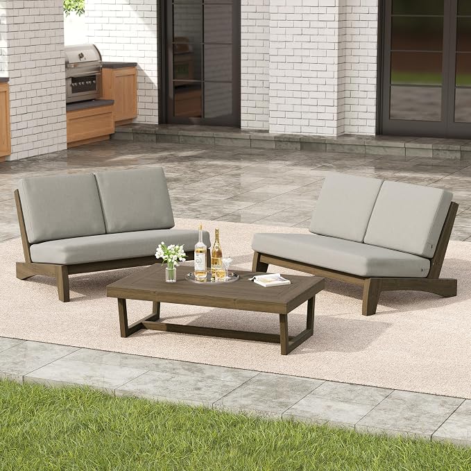 3 Pieces Patio Furniture Sets, All-Weather Outdoor Wood Bistro Set Patio Conversation Coffee Table Chiars and Patio Loveseat for Balcony, Backyard