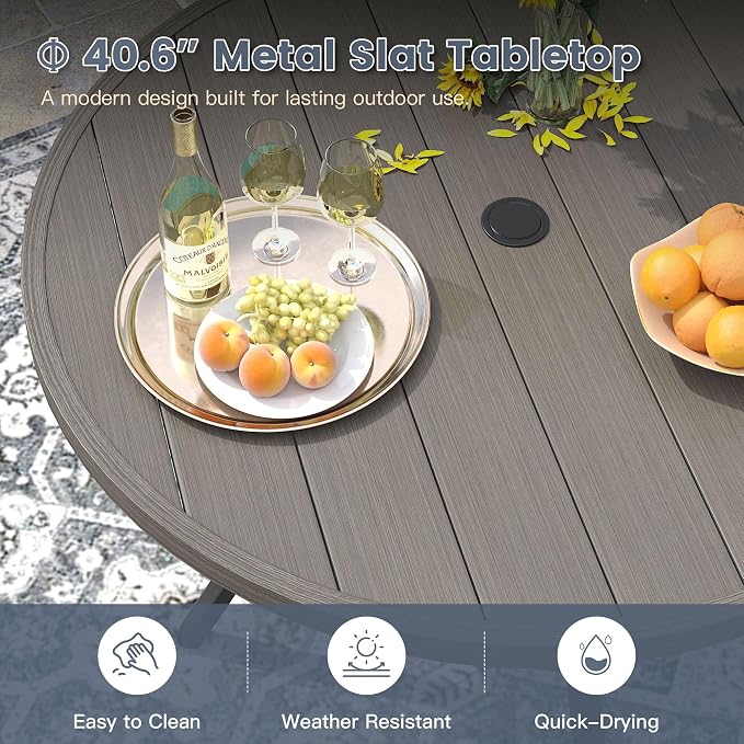 VICLLAX 40.6" Round Metal Outdoor Dining Table for 4, Patio Table with Umbrella Hole and Storage Shelf for Garden, Lawn, Deck, Grey