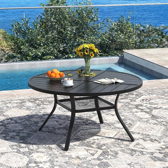DIFY 7 Pieces Outdoor Dining Set, Metal Patio Table and Chairs Set for 6, 47.2" Round Dining Table with Umbrella Hole & Wicker Stackable Patio Chairs with Cushions, Black Tabletop
