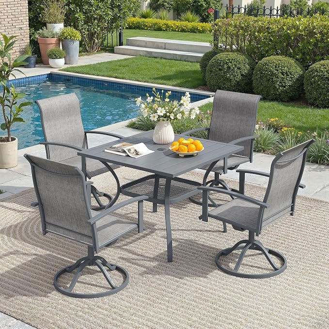 5 Pieces Outdoor Patio Dining Set, 37.8" All Weather Square Metal Table with Umbrella Hole and Storage Shelf, 4 High Back Textilene Swivel Chairs for Garden, Lawn, Grey