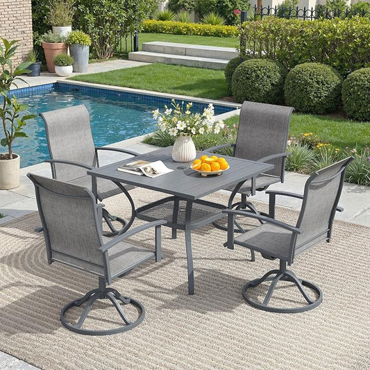 5 Pieces Outdoor Patio Dining Set, 37.8" All Weather Square Metal Table with Umbrella Hole and Storage Shelf, 4 High Back Textilene Swivel Chairs for Garden, Lawn, Grey