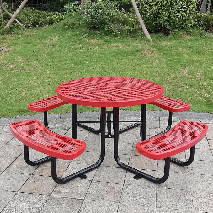 Heavy Duty Picnic Table for Outdoors 3200 lbs Load All Metal Dining Table with Umbrella Hole up to 1.5", Round Camping Table for Commercial Picnic Table with Benches, Red